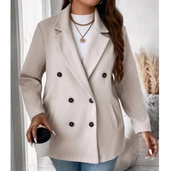 Classic Beige Solid Double Breasted Minimalist Pea Coat Jacket - Picture 3 of 13